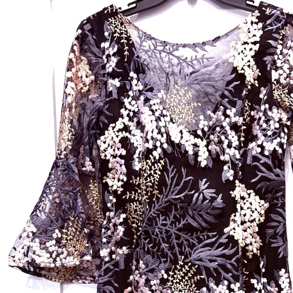 Badgley Mischka Multi Color Embroidered Net Overlay Cocktail Midi Dress Size 2 - Picture 6 of 12